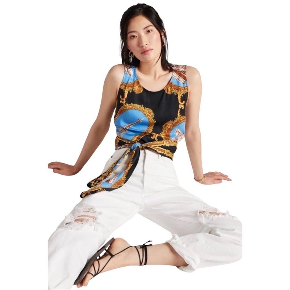 Anthropologie TINY Paris Postcard Blue Black Gold Tie Wrap Tank Size XS